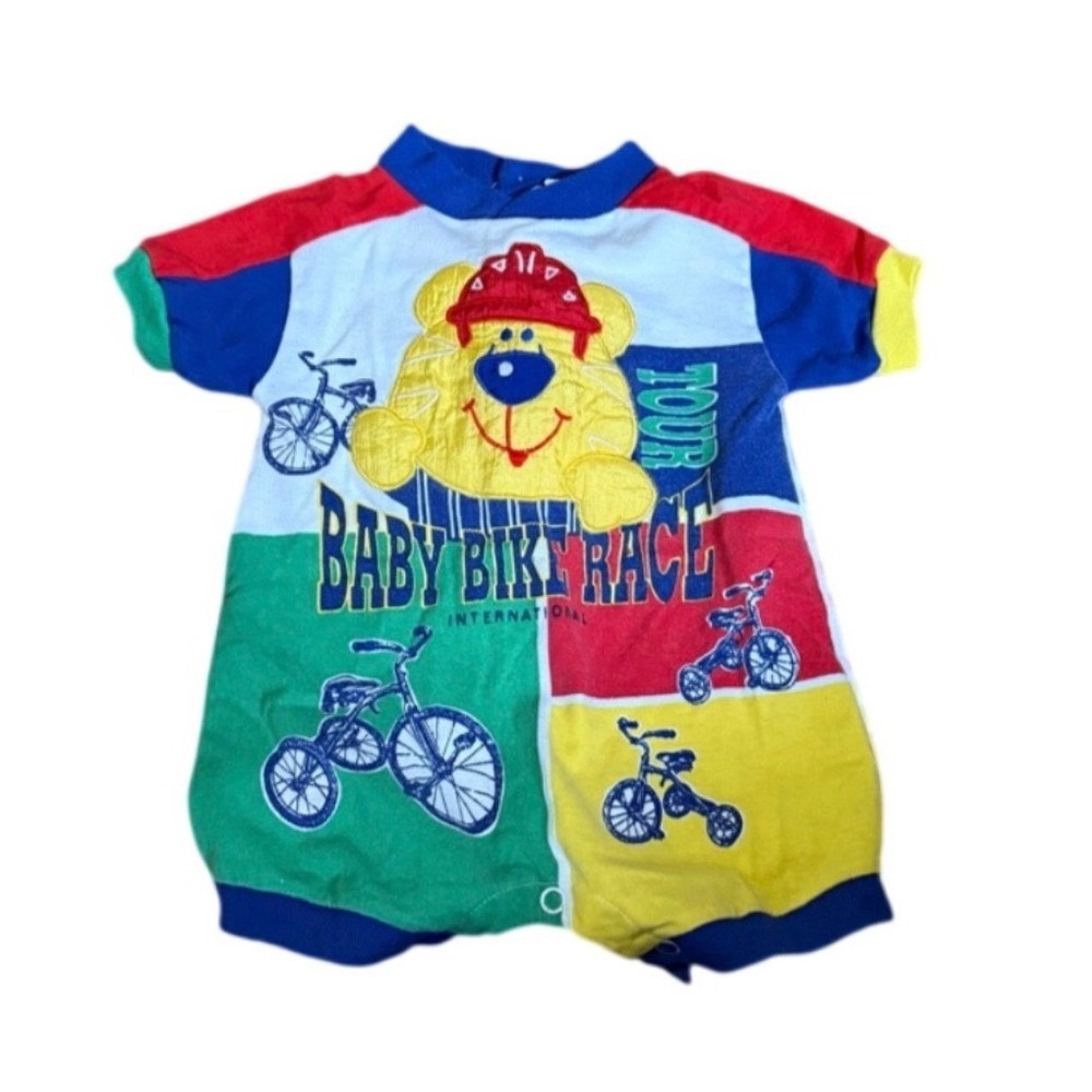 Vintage Celebrity Kids Baby Bike Race International Romper Color Block Bear